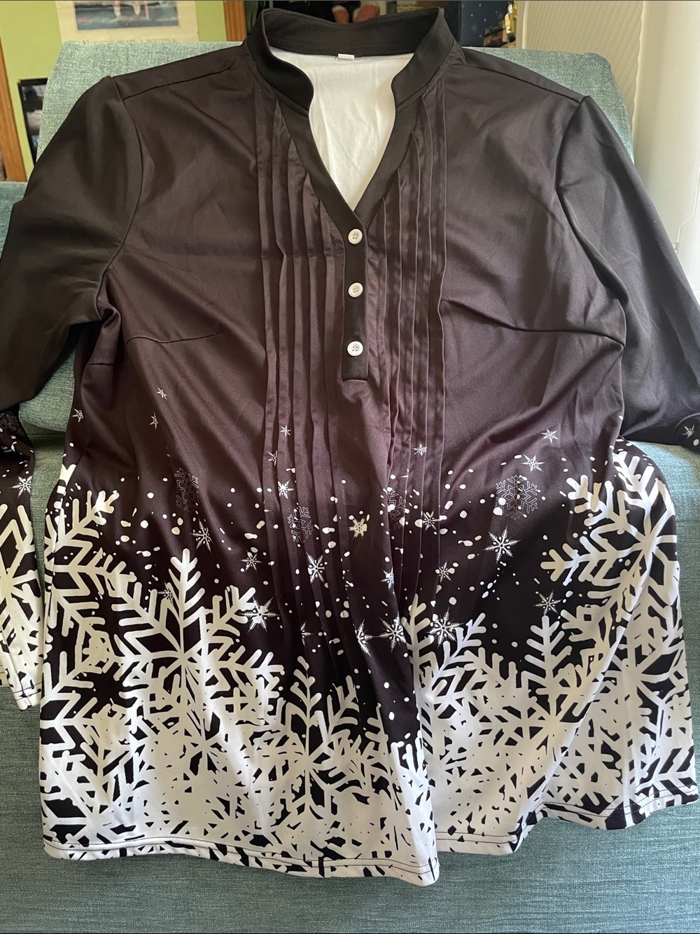 Womens Black Tunic Top with White Snowflake Print